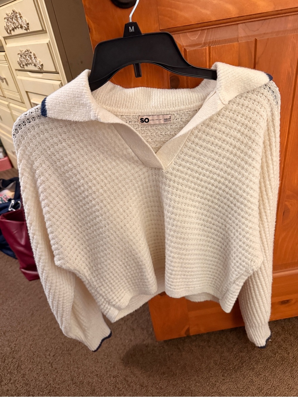SO Cropped Ivory Knit Polo Collar Sweater